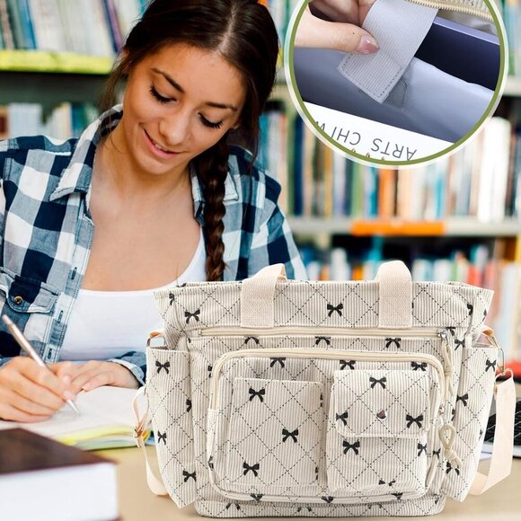 Corduroy Strawberry Tote Bag Women Girls Crossbody Multi Pocket Purse - Picture 3 of 7